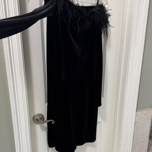 Cache Black Velvet One-Shoulder Dress with Feather Trim